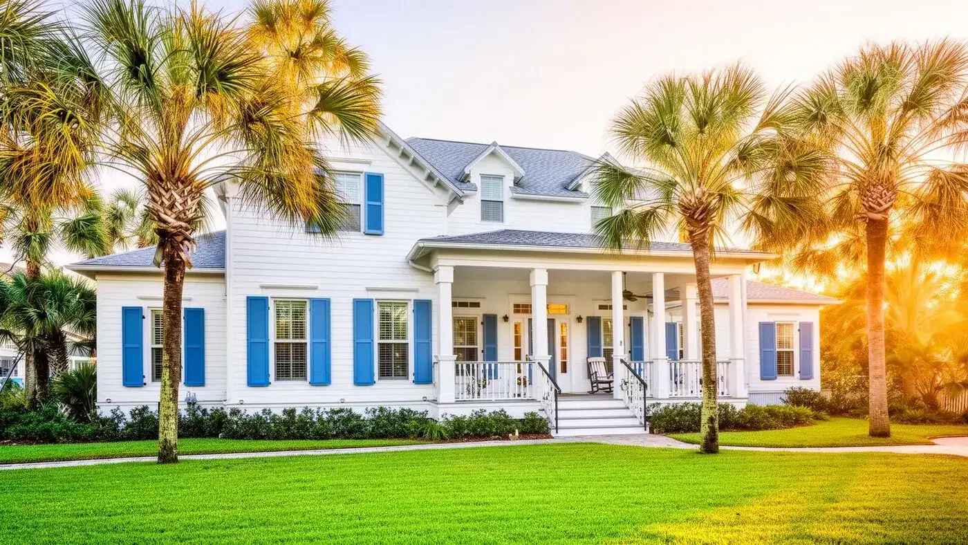 A classic Florida Gulf Coast home with palm trees at golden hour