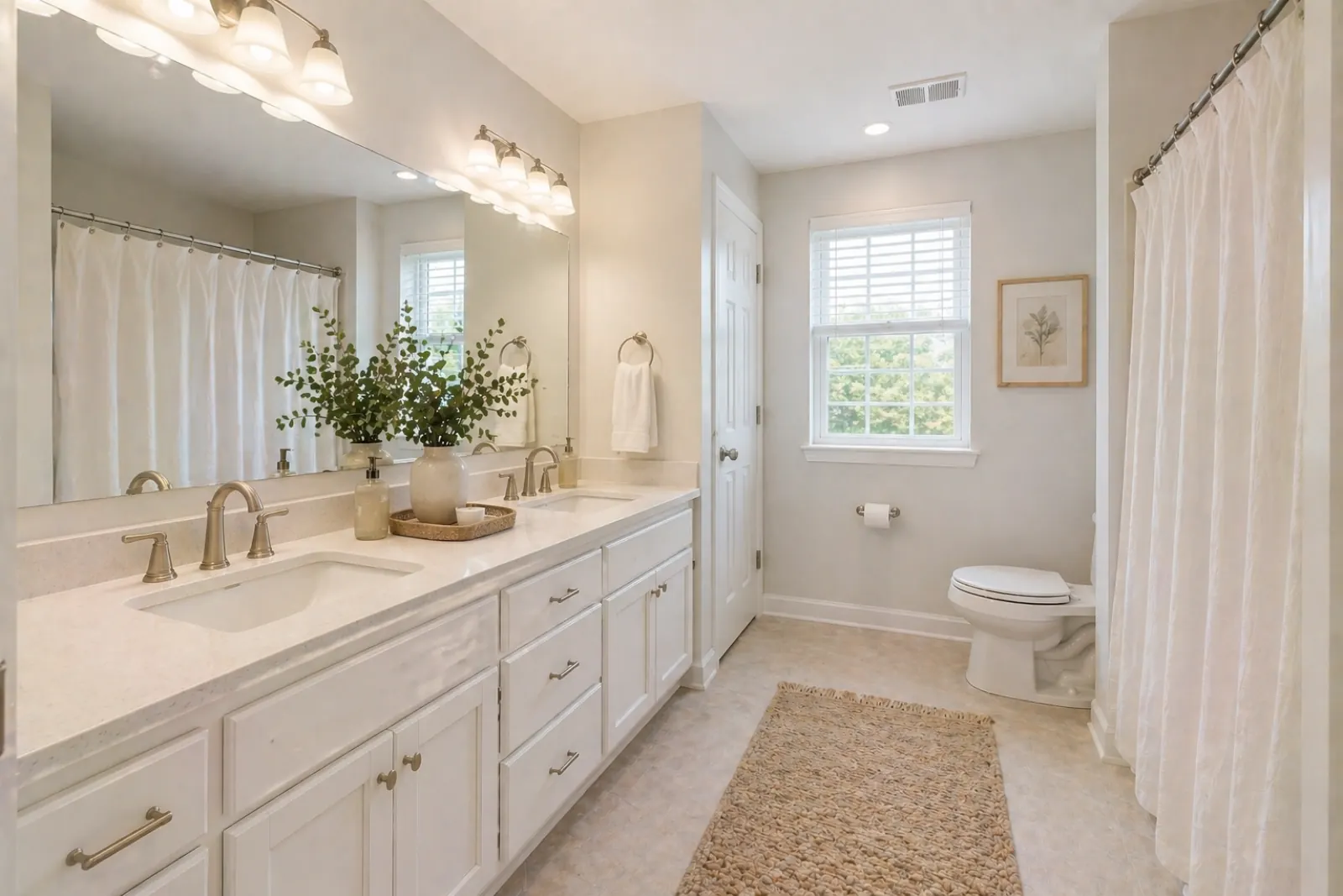 Bathroom — dim & dated to spa-clean — after