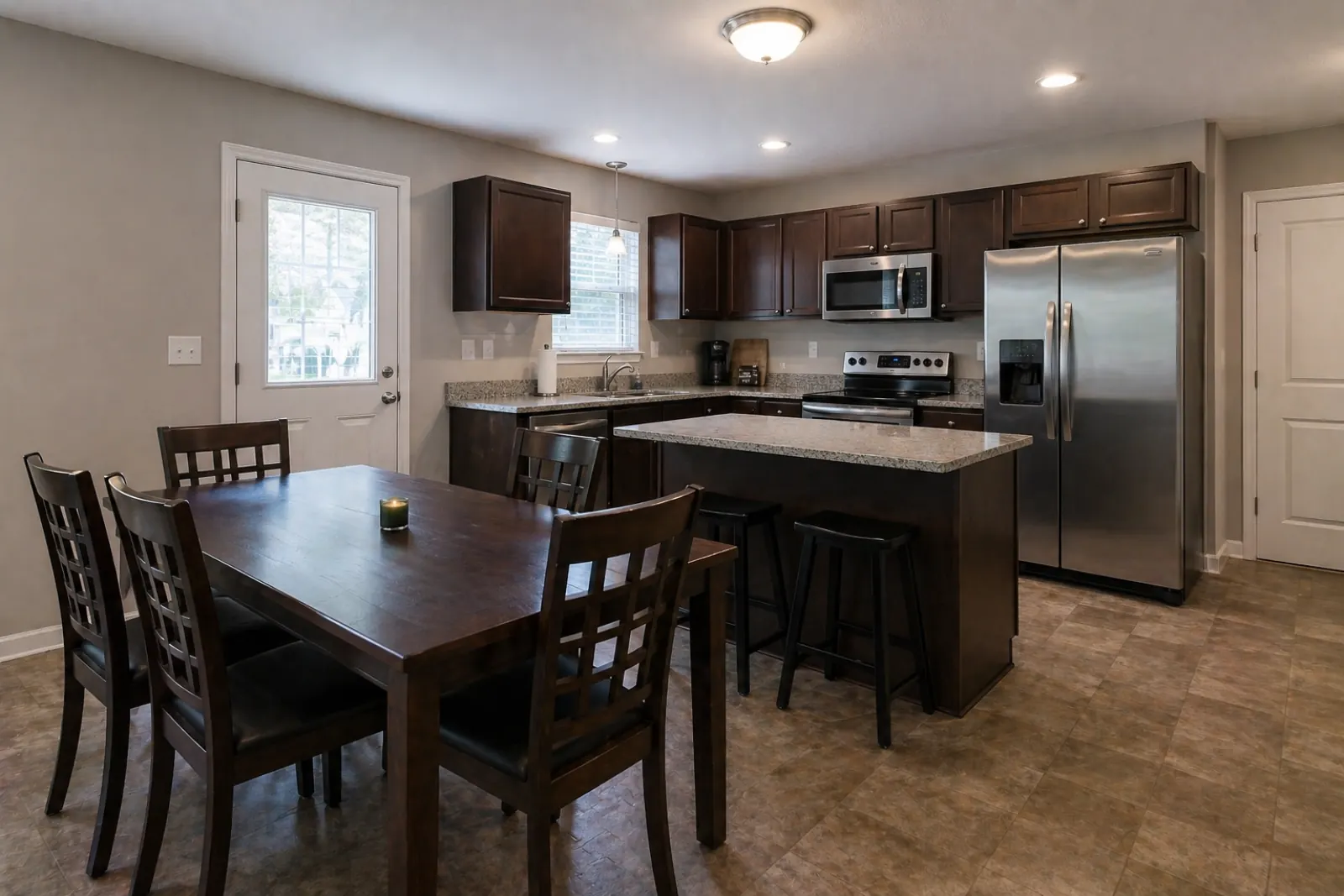 Kitchen & dining — dark builder-grade to bright & airy — before