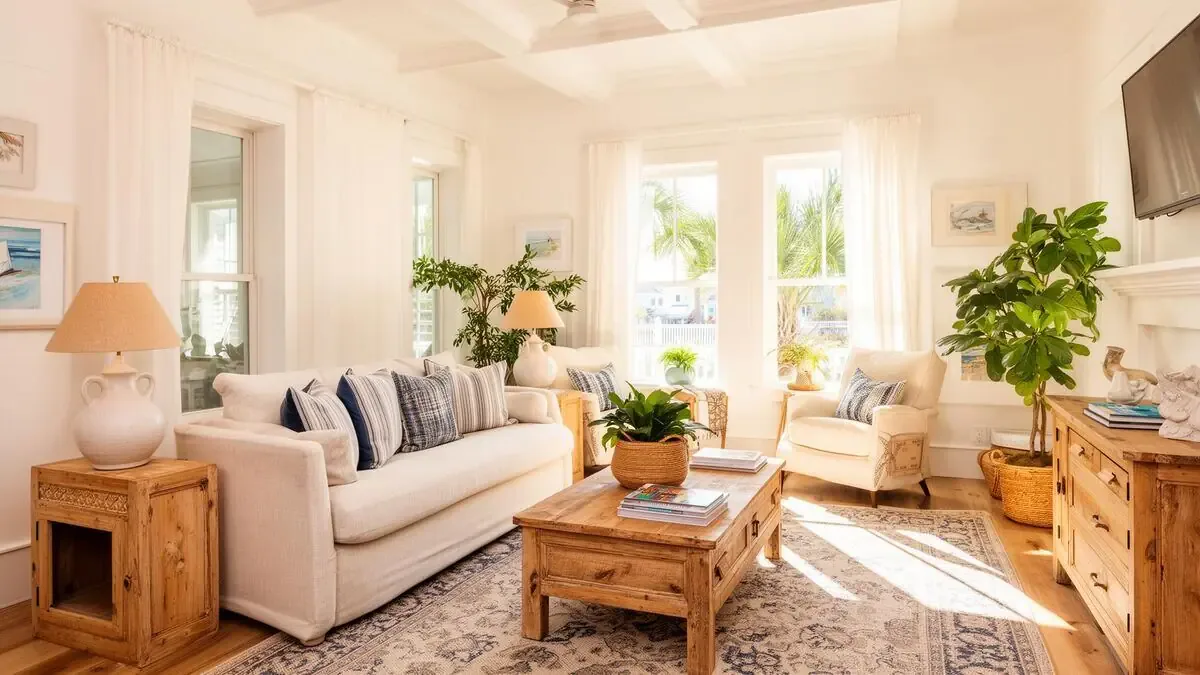 A bright, airy coastal short-term rental interior