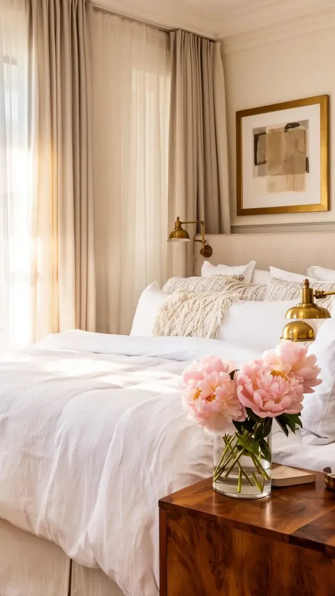 Elegant boutique-style bedroom with layered linens, brass sconces, and fresh peonies