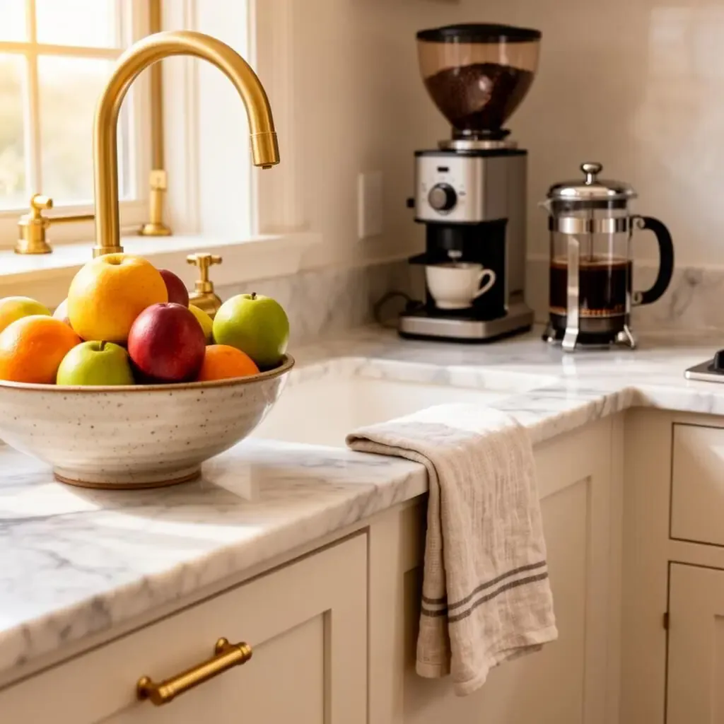 Thoughtful kitchen detail — marble counter, brass fixtures, fresh fruit, and a coffee station